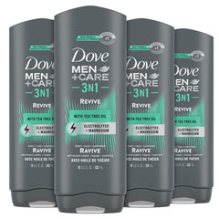 DOVE MEN+CARE post-workout 3in1 Revive Tea Tree Oil bottle for a refreshing cleanse