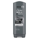 Dove Men+Care purifying charcoal–clay bottle delivering hydration for daily smooth skin.