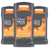 Dove Men+Care Rustic Sandalwood antiperspirant stick close-up showing long-lasting odor protection.