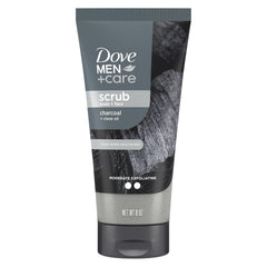 DOVE MEN + CARE Scrub Carbón Clavo, botella frontal para exfoliar suavemente y dejar la piel limpia.