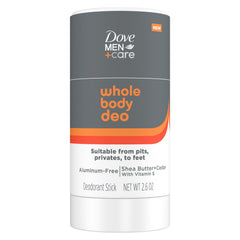 DOVE Men+Care Whole Body Deo packaging shows aluminum-free formula for all-over use.