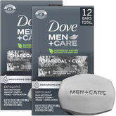 Dove Men+Care charcoal bar close-up for dry skin cleansing.