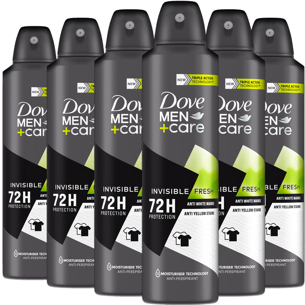 Dove Men+Care Invisible Fresh spray bottle shows invisible finish for daily protection.