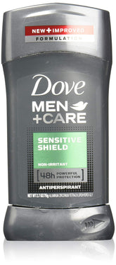 Dove Men+Care Sensitive Shield stick packaging shown: bulk four-pack for easy restocking.