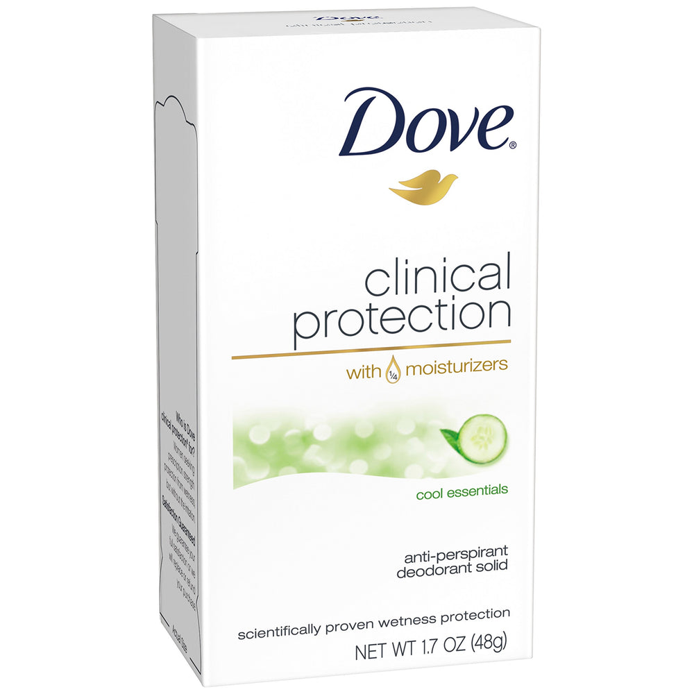 Dove Protección Clínica Cool Essentials frasco visto, protección duradera todo el día