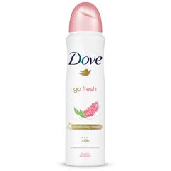 Dove Red Body Spray Pomegranate bottle close-up highlights moisturizing formula for soft skin.