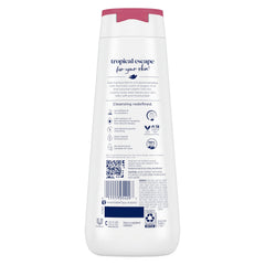 Luxurious creamy lather of Dove body wash on skin for a tropical escape.