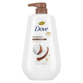 Dove gel de baño restaurador, botella-vertido, piel suave gracias a microgotas hidratantes.
