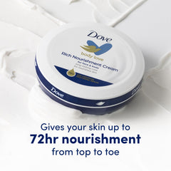 Dove Rich Nourishing Cream fast-absorbing texture shown on hands.