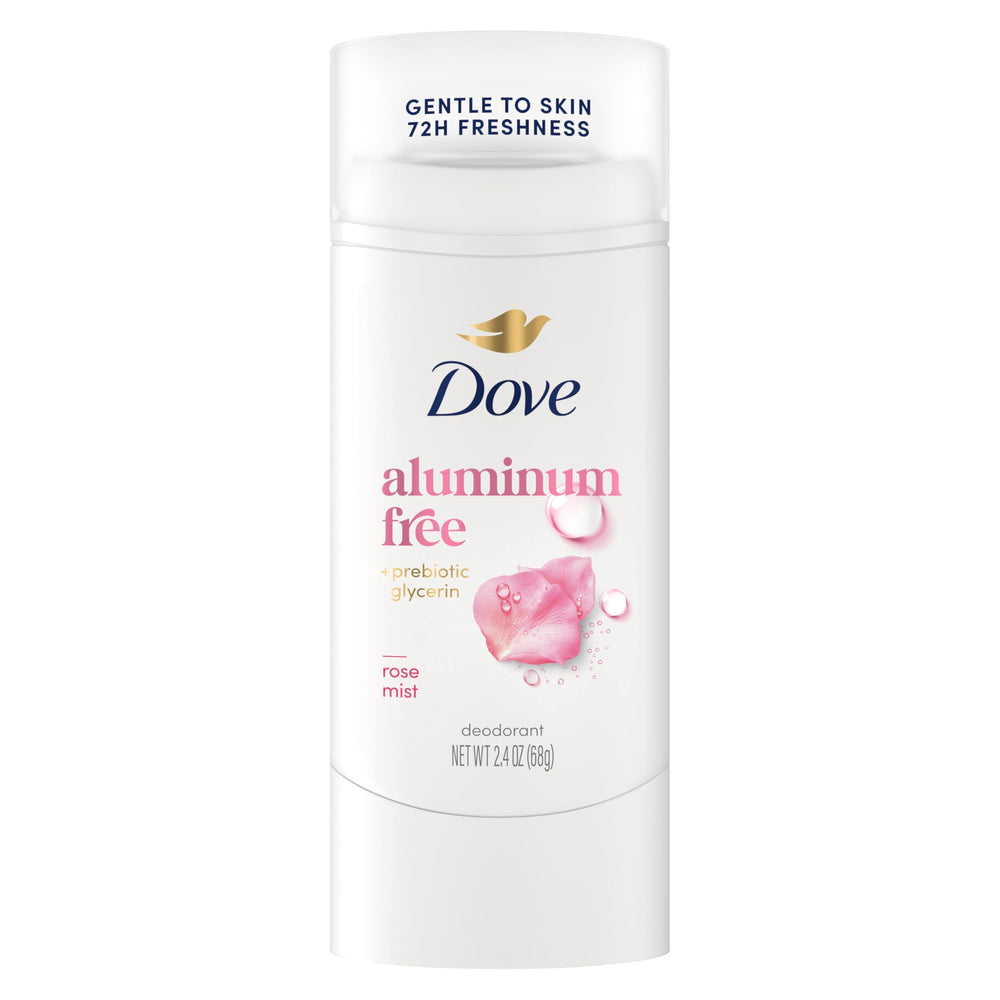Dove Rose Mist deodorant stick packaging highlights an aluminum-free formula for daily use.