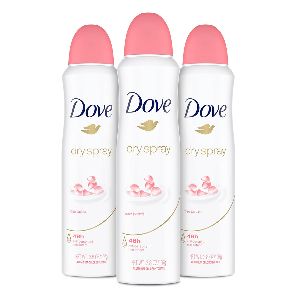 Dove Rose Petals Dry Spray bottle showing 48 hour protection and soft underarms