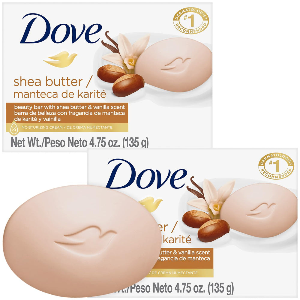 Dove soap with shea butter and vanilla in a 2-pack, for pampering skin.