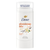 Dove Sparkling Vanilla packaging shows aluminum-free formula for lasting freshness.