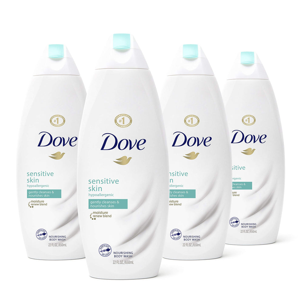 Dove sulfate-free hypoallergenic body wash bottle close-up highlighting the gentle formula for sensitive skin.