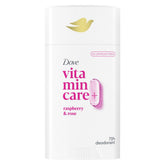 Dove VitaminCare+ desodorante sin aluminio frambuesa y rosa, protección duradera.