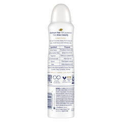 Dove deodorant spray being applied, quick-dry aluminum-free protection.