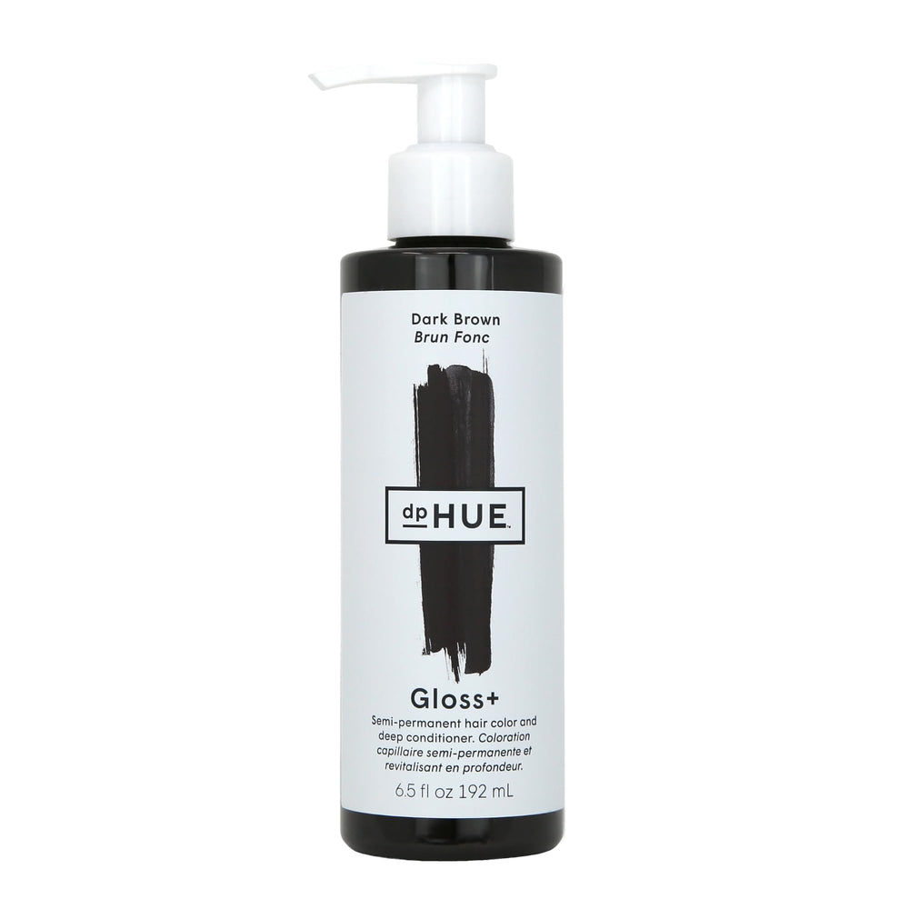 dpHUE Gloss+ Dark Brown bottle pour showcases easy, mess-free color boost and conditioning.