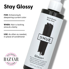 dpHUE Gloss+ Dark Brown application on hair delivers temporary color lift and shine.