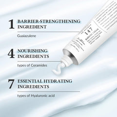 Cream texture swatch highlights soothing, non-greasy finish for daily use.