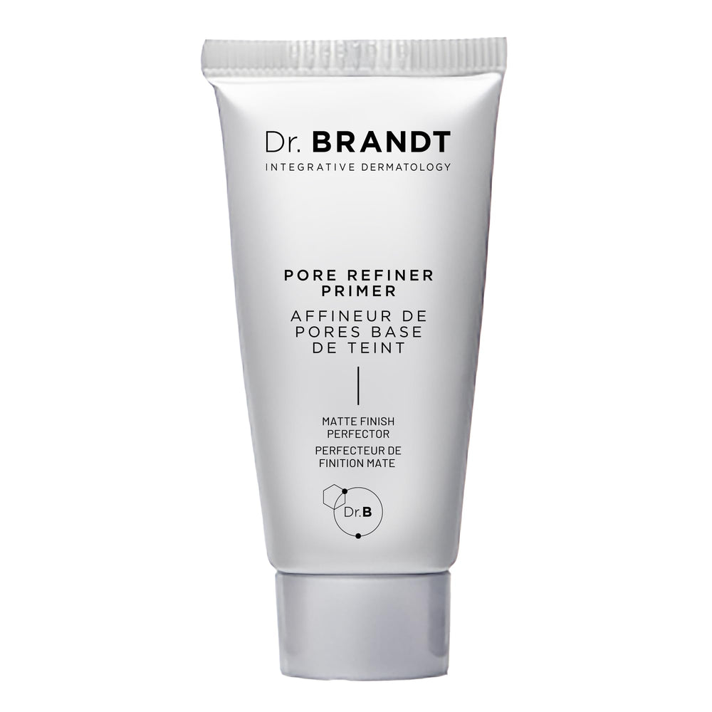 Dr. Brandt Pores No More Primer bottle close-up showing matte finish