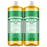 Dr. Bronner's almond pure-castile bottle front for face, hair, and body cleansing.