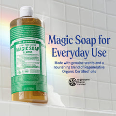 Dr. Bronner's almond pure-castile bottle being poured from the pump for dilution use.