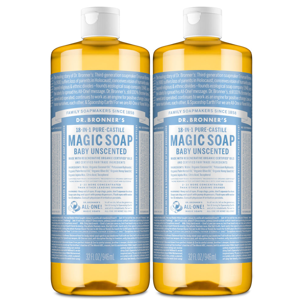 Dr. Bronner's Baby Unscented 32oz bottle pouring for versatile cleaning and skin care