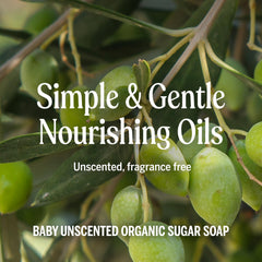 Dr. Bronner's Baby Unscented Sugar Soap used on hands, body, face, and hair