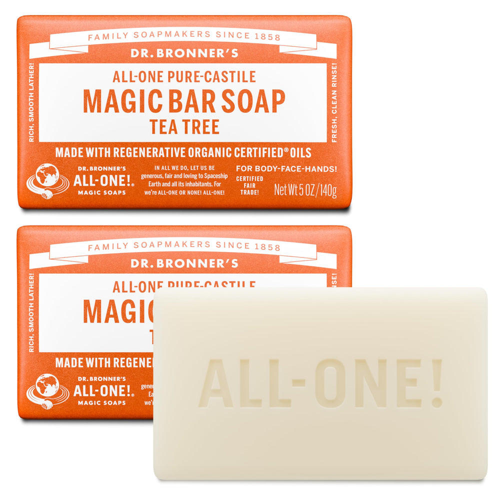 Jabón en barra Dr. Bronner’s árbol de té, cuidado facial y corporal suave.