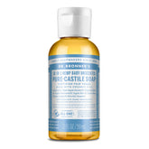 Dr. Bronner’s Jabón Castile bebé sin aroma en botella de viaje, suave para la piel.