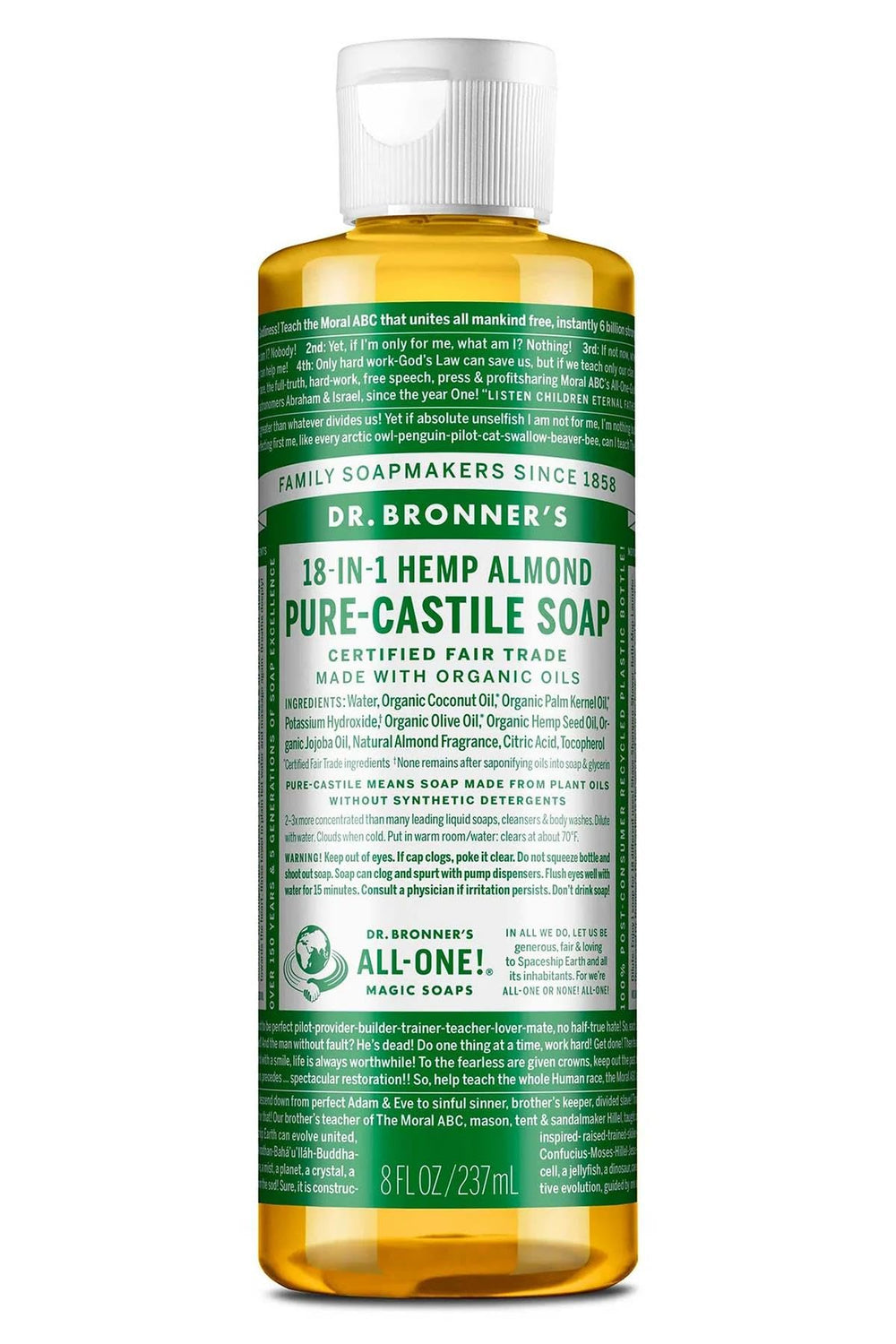 Jabón de Castilla Dr. Bronner's con aroma a almendra en botella, versátil para ducha diaria.