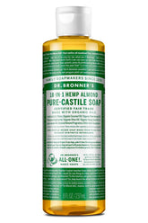 Jabón de Castilla Dr. Bronner's con aroma a almendra en botella, versátil para ducha diaria.