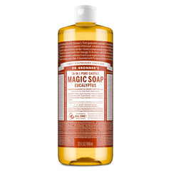 Jabón líquido castile de Dr. Bronner's con eucalipto, ideal para rostro y cuerpo.