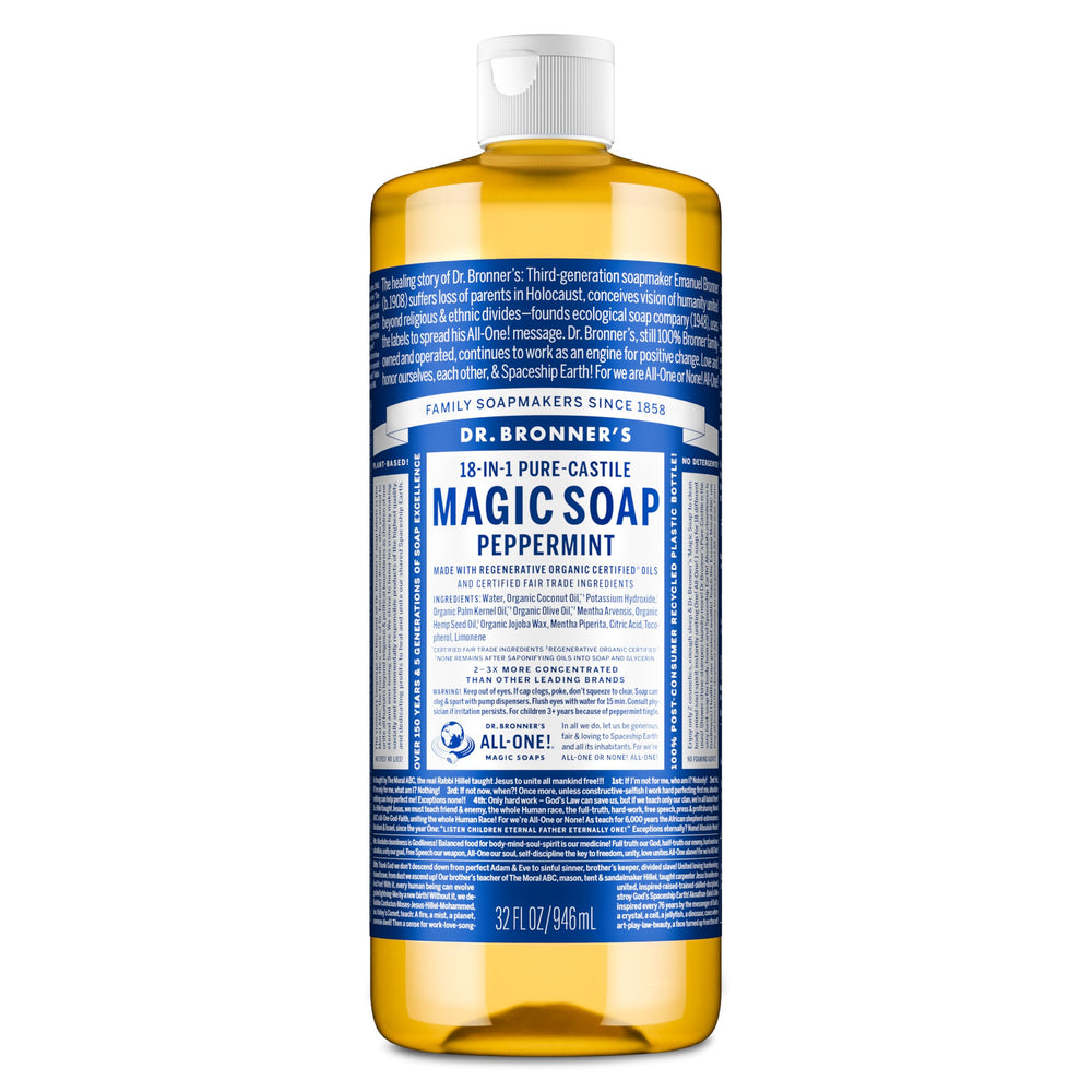 Dr. Bronner's jabon líquido pura Castilla en botella, limpieza suave para la piel.
