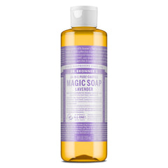 Dr. Bronner’s Lavanda botella: jabón suave para piel sensible y aroma calmante.