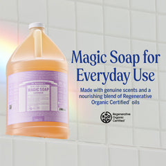 Dr. Bronner's lavender castile soap bottle pour shows convenient multi-use dilution