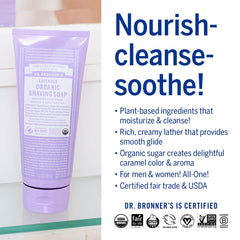 Pouring Dr Bronner's Lavender shave soap demonstrates creamy lather for a smooth shave