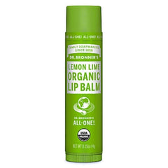 Dr. Bronner's lemon lime lip balm on-the-go moisture in a compact 0.15 oz tube.