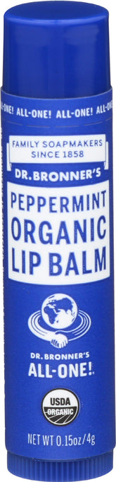 Dr. Bronner's peppermint organic lip balm close-up in a compact tube for on-the-go moisture.
