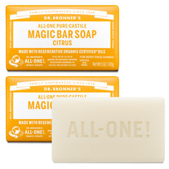 Dr. Bronner's Magic Bar Citrus front view with rich lather for refreshing cleanse