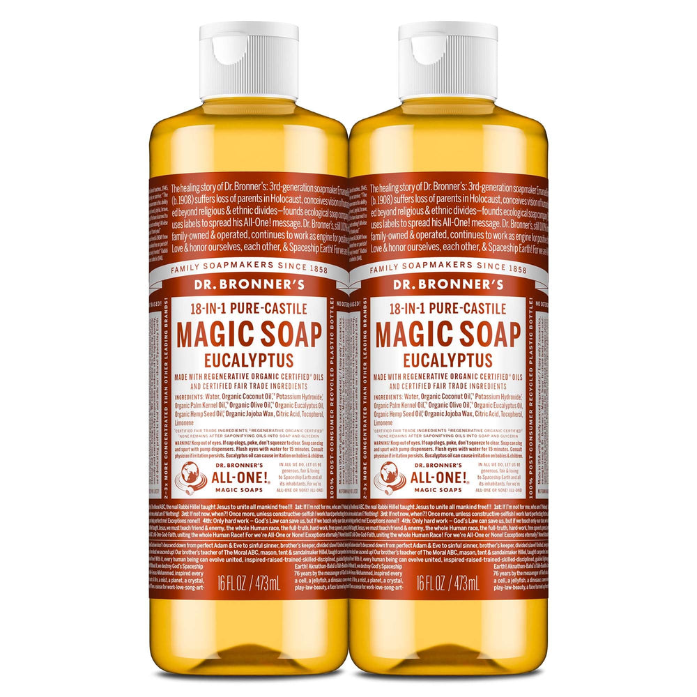 Dr. Bronner's Magic Soap eucalyptus bottle for multi-use cleaning and skin care.
