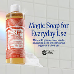 Pouring Dr. Bronner's eucalyptus soap showcasing concentrated formula.