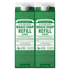 Dr. Bronner's almond refill bottle shown for versatile cleansing and gentle skin use