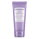 Dr Bronner's Lavender shaving soap packaging highlights organic ingredients and fair trade sourcing for a clean shave