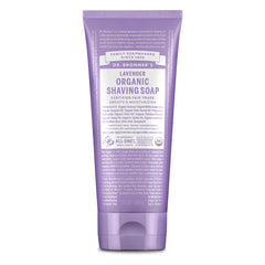 Dr Bronner's Lavender shaving soap packaging highlights organic ingredients and fair trade sourcing for a clean shave