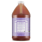 Dr. Bronner's Lavender organic sugar soap bottle showing versatile cleansing for hands, body, face, and hair.