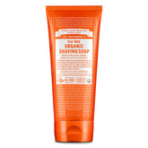 Dr. Bronner's Organic Tea Tree Shaving Soap packaging showcases organic and fair trade credentials