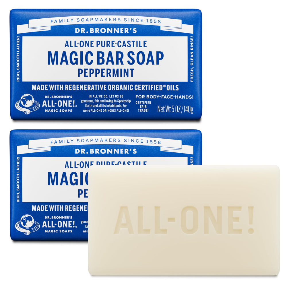 Dr. Bronner's Peppermint Magic Bar close-up showing rich lather for refreshing cleanse.
