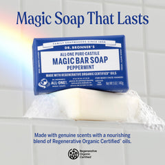 Dr. Bronner's Peppermint Pure-Castile bar soap lather close-up