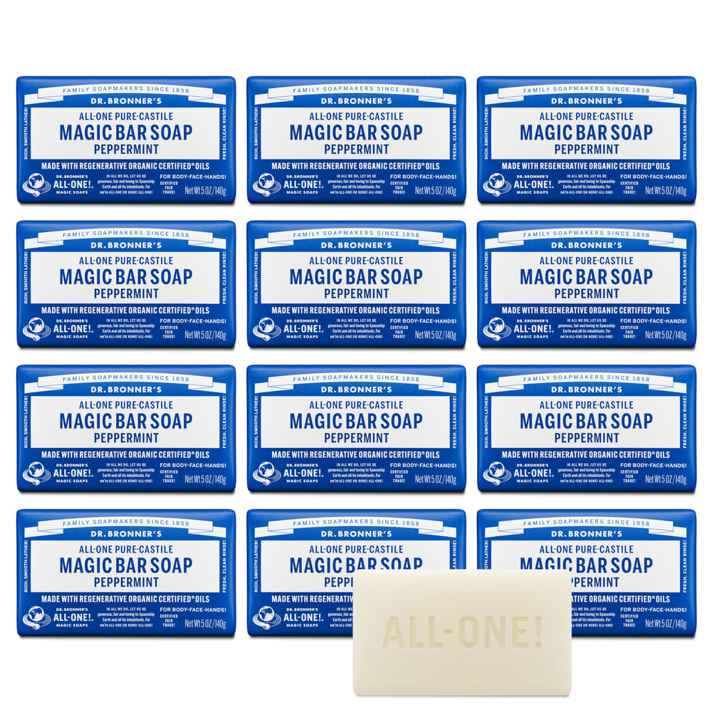 Dr. Bronner's Peppermint Pure-Castile bar soap packaging in recycled paper reduces waste